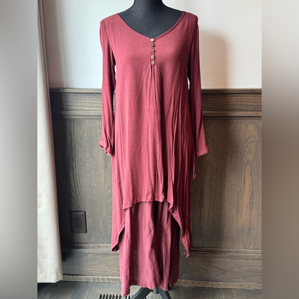 Anself Flowy Long Sleeve Asymmetrical Tunic Boho witchy Dress - maroon small
